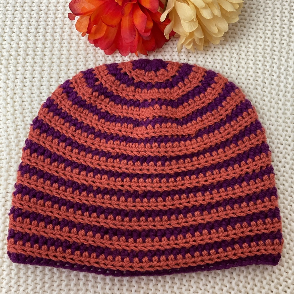 New Hand Crocheted Unisex Beanie Skull Cap, Striped, Burnt Orange And Purple.